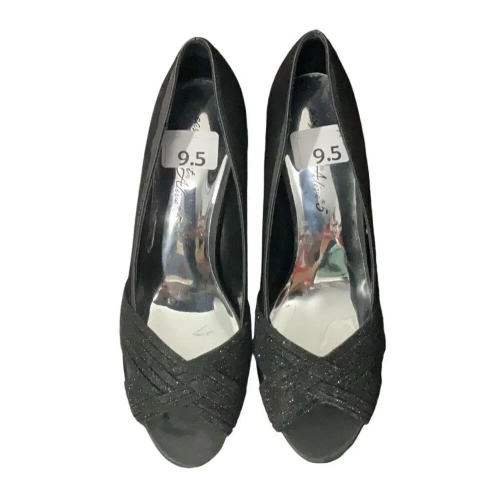Easy Street Alive 5 Black Satin Glitter Peep Toe Womens Pumps Party Size 9.5 NEW - Picture 1 of 8